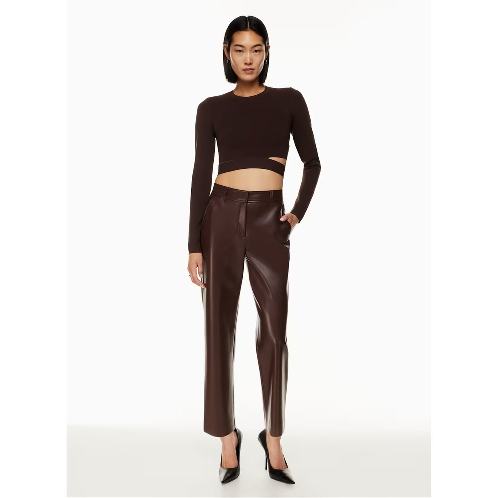 Babaton Aritzia Vegan Leather Brown Cropped Trousers High Rise Pants‎ Size 0